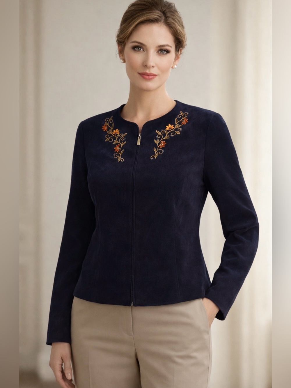 Vintage Amanda Smith Navy Embroidered Zip-Front Jacket
